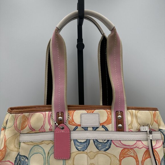 Coach Hampton Scribble Tote Bag Multicolor Canvas Leather Trim - Picture 2 of 9
